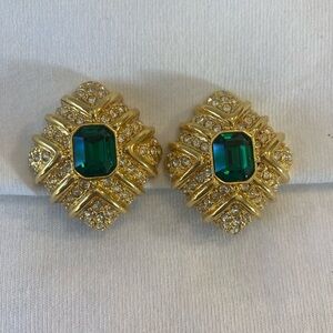 Joan Rivers Clip on Vintage Earrings Emerald Green and Clear Swarovskis